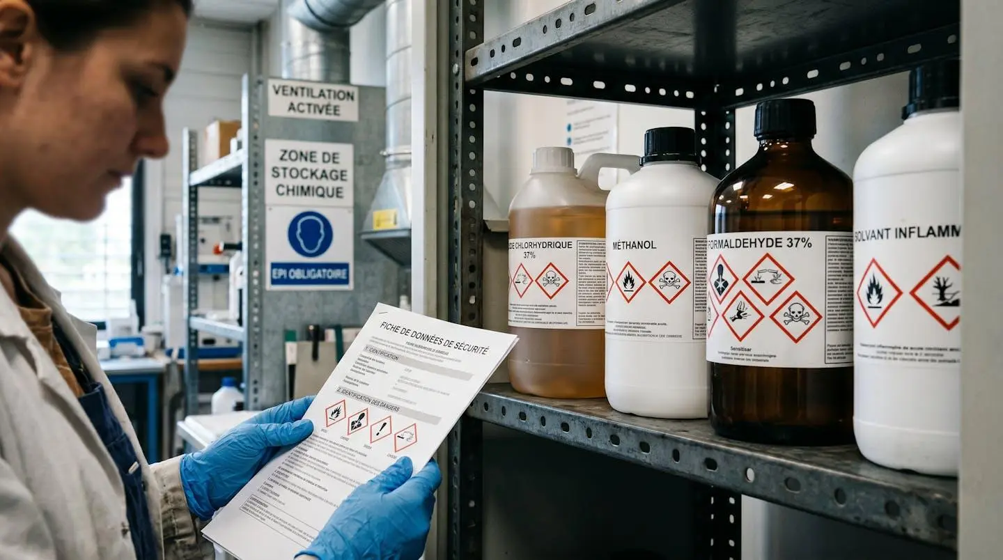 Gros plan sur étagère de stockage de produits chimiques avec pictogrammes SGH visibles et mains d'un technicien consultant une Fiche de Données de Sécurité en français