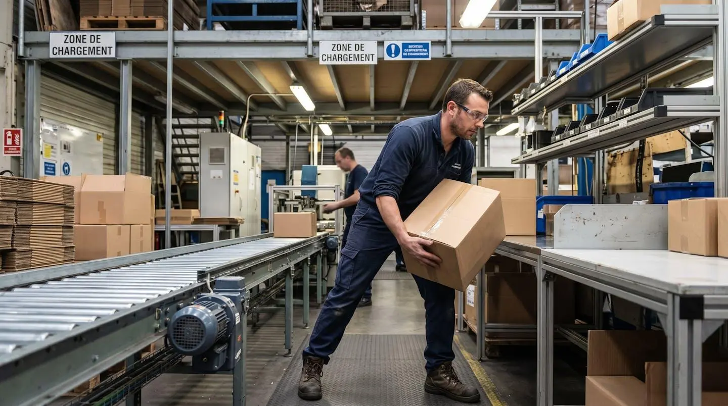 Opérateur en atelier soulevant une charge avec posture de flexion du tronc sur ligne de production industrielle